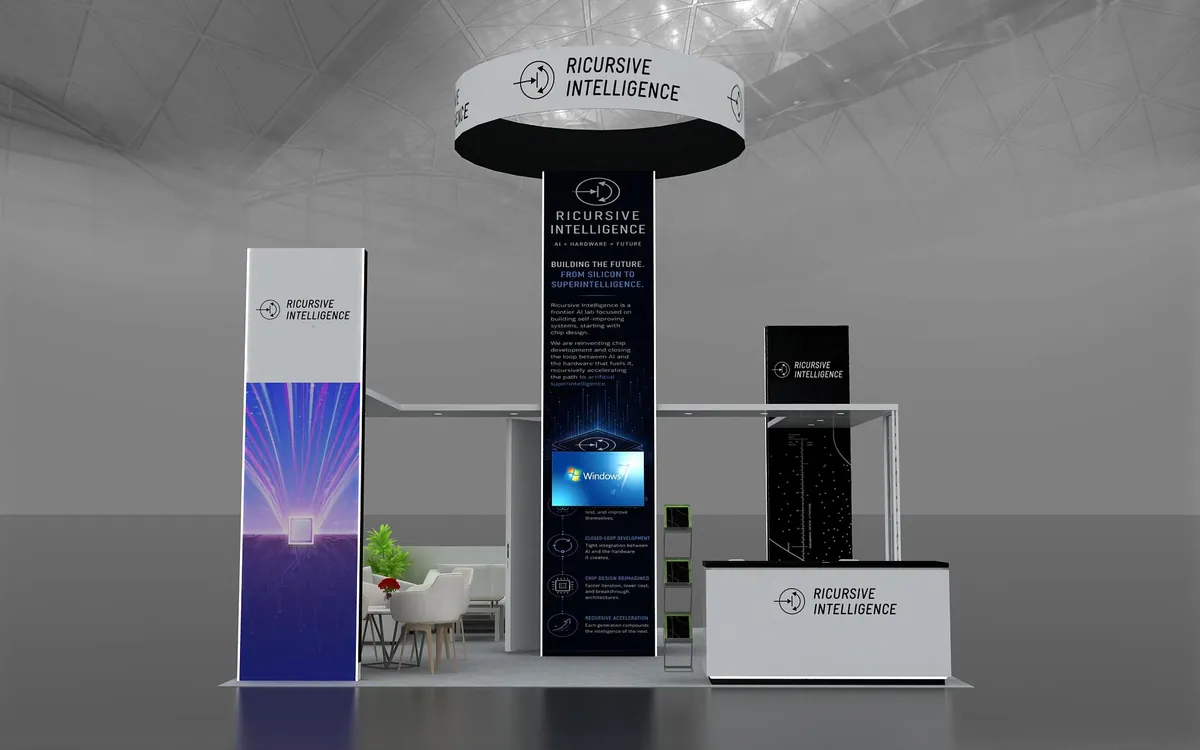 Ricursive Intelligence 3D booth design render — DAC 2026 trade show exhibit concept by Elevate Exhibits