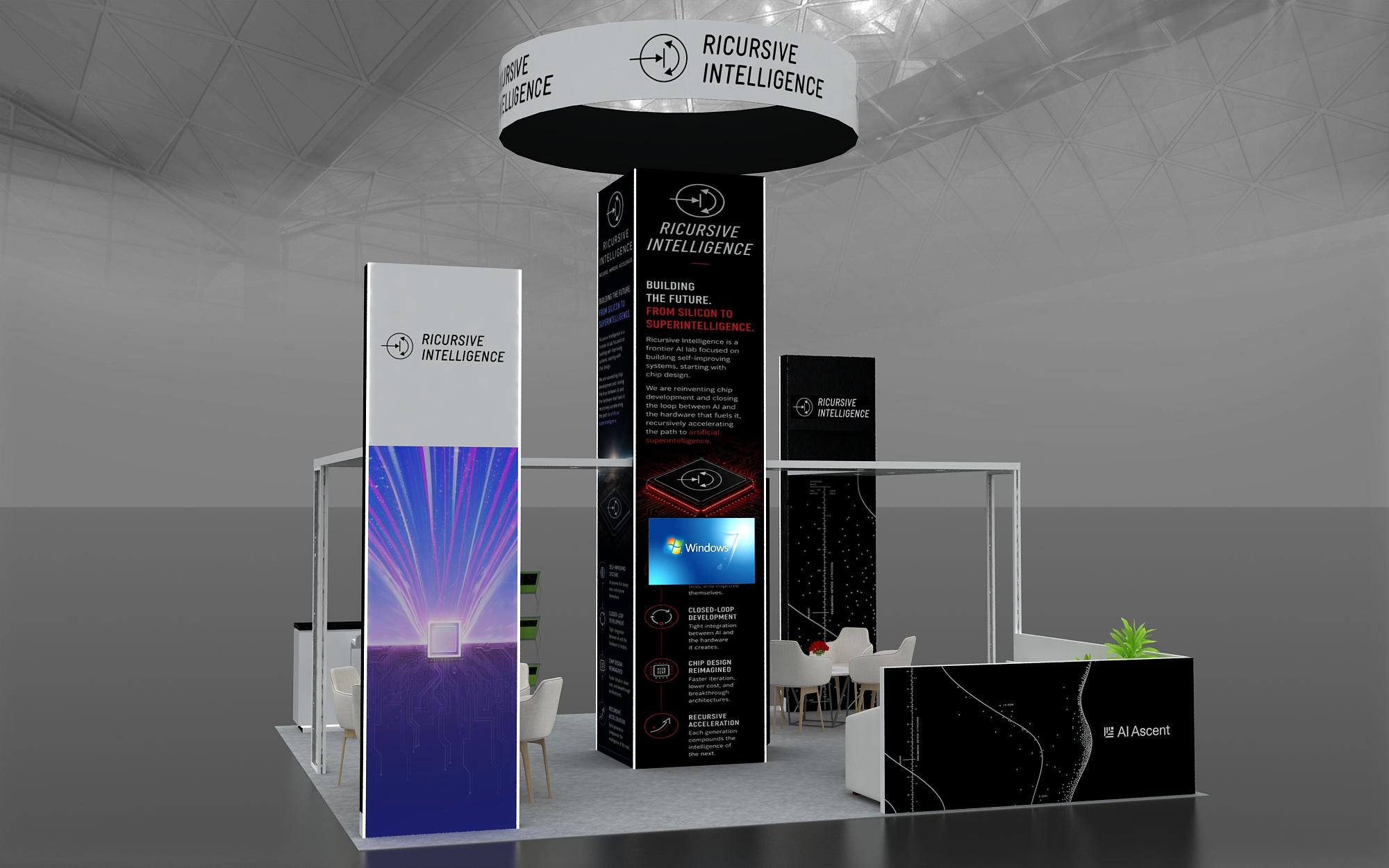 Perspective view of custom island trade show booth design with LED displays and lounge area