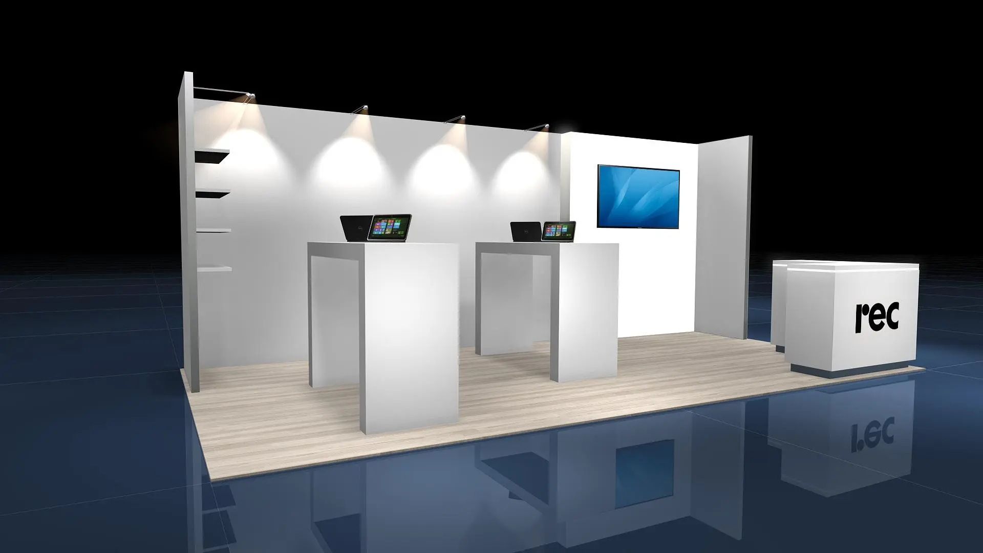 Initial 3D architectural render of REC Technologies booth